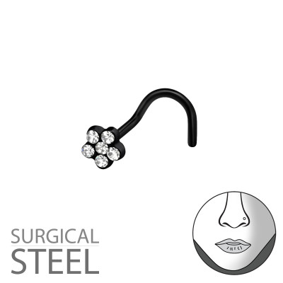 Black Surgical Steel Flower Nose Screw with Crystal