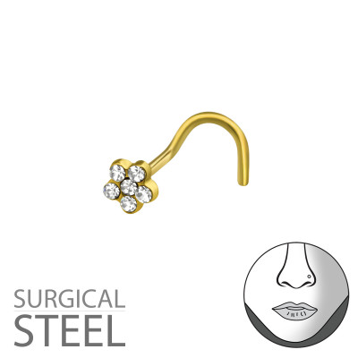 Gold Surgical Steel Flower Nose Screw with Crystal