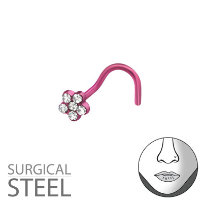 Pink Surgical Steel Flower Nose Screw with Crystal