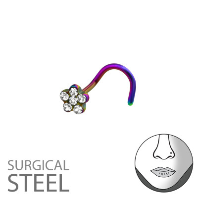 Rainbow Surgical Steel Flower Nose Screw with Crystal