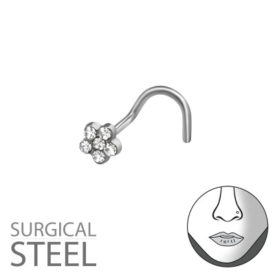 High Polish Surgical Steel Flower Nose Screw with Crystal