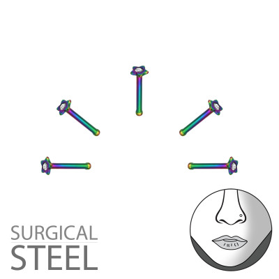 Pack of 5 Rainbow Surgical Steel Star Nose Studs with Ball and Crystal