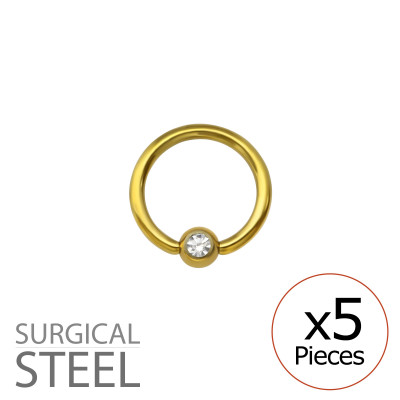 Pack of 5 11mm Gold Surgical Steel BCR with Crystal