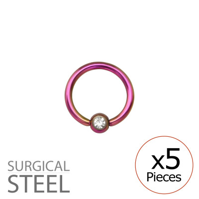 Pack of 5 11mm Pink Surgical Steel BCR with Crystal