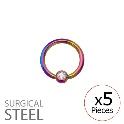 Pack of 5 11mm Rainbow Surgical Steel BCR with Crystal