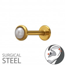 3mm Round Imitation Pearl Tragus, Helix, Upper Ear Piercing on 1.2x8mm (16G) 316 Surgical Steel Gold Color Threaded Barbell with Flat Back Disc