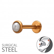 3mm Round Imitation Pearl Tragus, Helix, Upper Ear Piercing on 1.2x8mm (16G) 316 Surgical Steel Rose Gold Color Threaded Barbell with Flat Back Disc