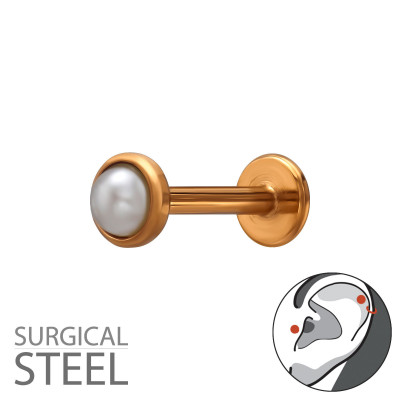 3mm Round Imitation Pearl Tragus, Helix, Upper Ear Piercing on 1.2x8mm (16G) 316 Surgical Steel Rose Gold Color Threaded Barbell with Flat Back Disc