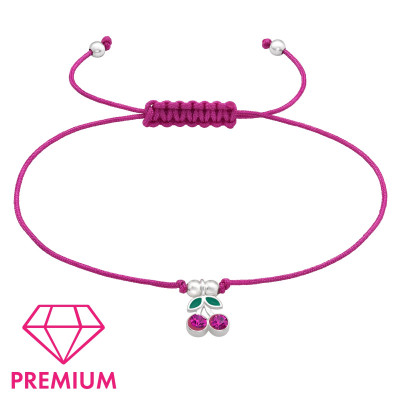 Children's Silver Cherry Adjustable Corded Bracelet with Crystal and Epoxy