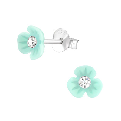 Children's Silver Flower Ear Studs with Crystal and Plastic