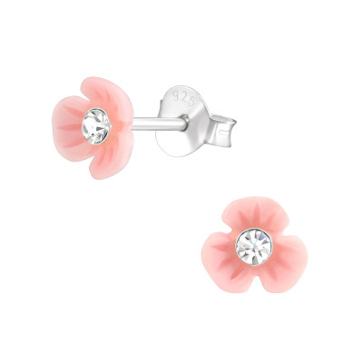 Children's Silver Flower Ear Studs with Crystal and Plastic