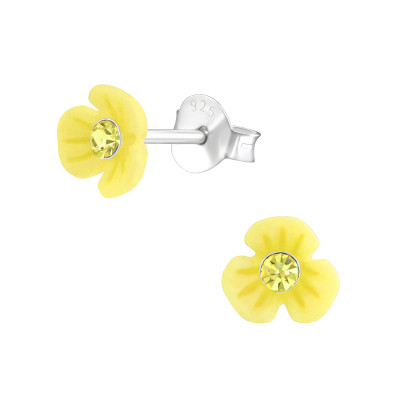 Children's Silver Flower Ear Studs with Crystal and Plastic