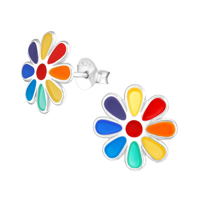 Children's Silver Flower Ear Studs with Epoxy