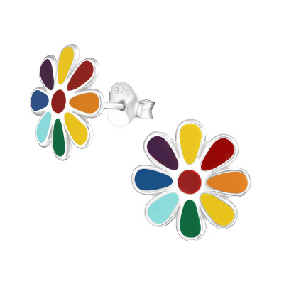 Children's Silver Flower Ear Studs with Epoxy