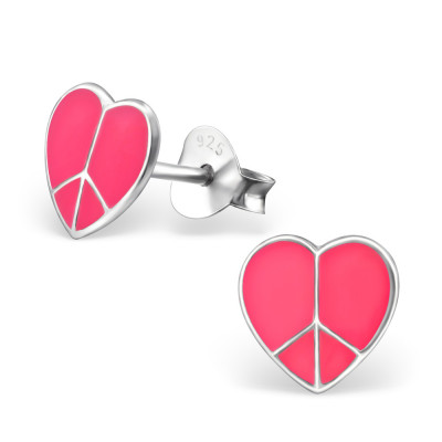 Children's Silver Heart with Peace Symbol Ear Studs with Epoxy