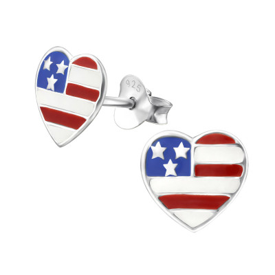 Children's Silver USA Heart Ear Studs with Epoxy