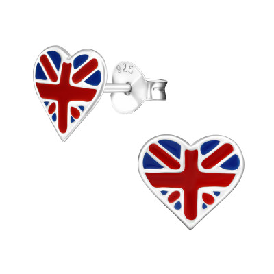 Children's Silver England Heart Ear Studs with Epoxy