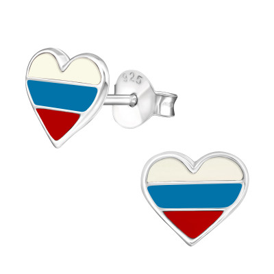 Children's Silver Heart Russia Ear Studs with Epoxy