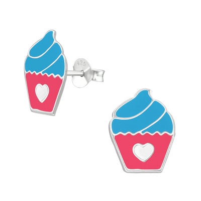 Children's Silver Cupcake Ear Studs with Epoxy