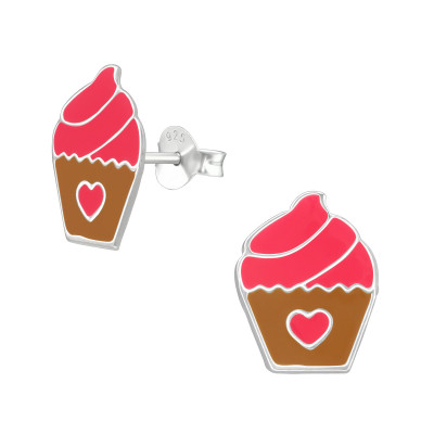 Children's Silver Cupcake Ear Studs with Epoxy