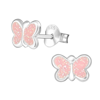 Children's Silver Butterfly Ear Studs with Epoxy