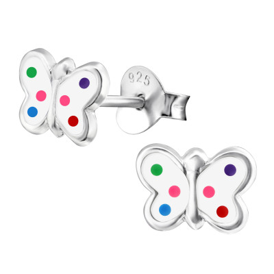 Children's Silver Butterfly Ear Studs with Epoxy