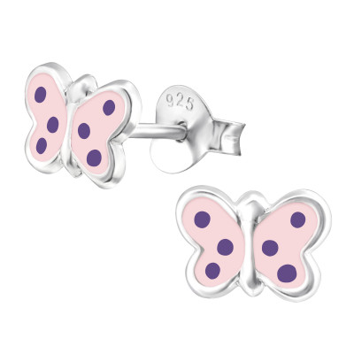 Children's Silver Butterfly Ear Studs with Epoxy