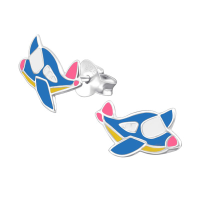 Children's Silver Airplane Ear Studs with Epoxy