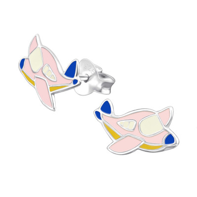 Children's Silver Airplane Ear Studs with Epoxy