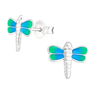 Children's Silver Dragonfly Ear Studs with Epoxy