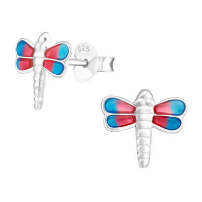 Children's Silver Dragonfly Ear Studs with Epoxy