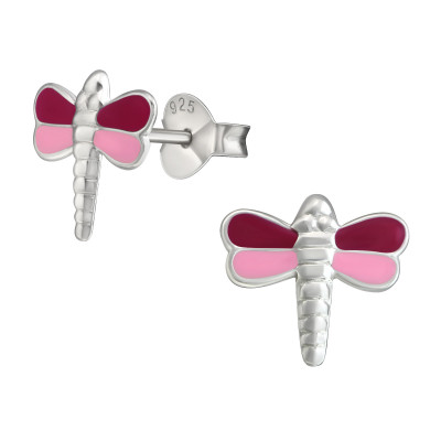 Children's Silver Dragonfly Ear Studs with Epoxy