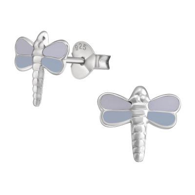 Children's Silver Dragonfly Ear Studs with Epoxy