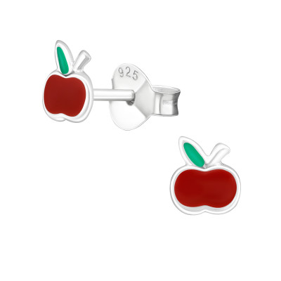 Children's Silver Apple Ear Studs with Epoxy