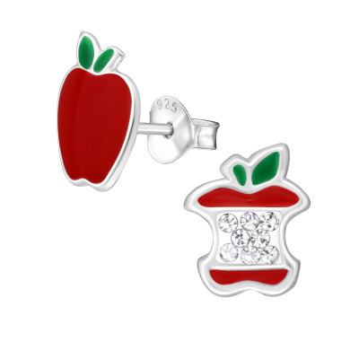 Children's Silver Apple Ear Studs with Crystal and Epoxy