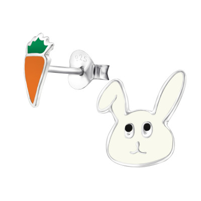 Children's Silver Rabbit and Carrot Ear Studs with Epoxy