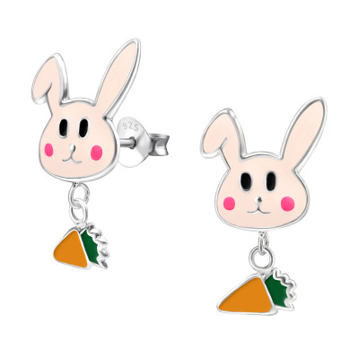 Children's Silver Rabbit and Hanging Carrot Ear Studs with Epoxy