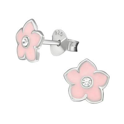 Flower Children's Sterling Silver Ear Studs with Crystal and Epoxy