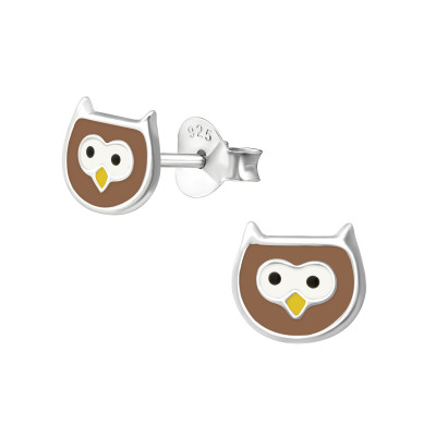 Children's Silver Owl Ear Studs with Epoxy