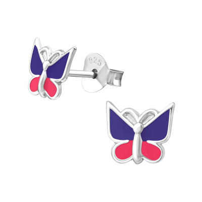 Children's Silver Butterfly Ear Studs with Epoxy