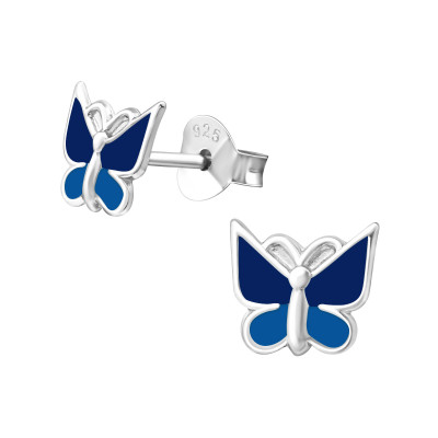 Children's Silver Butterfly Ear Studs with Epoxy