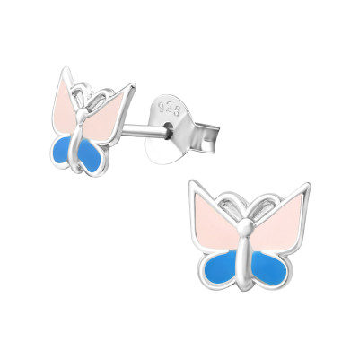 Children's Silver Butterfly Ear Studs with Epoxy