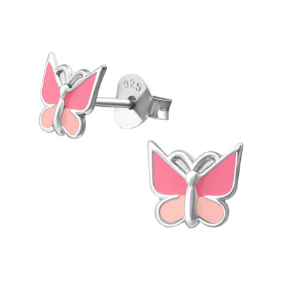 Children's Silver Butterfly Ear Studs with Epoxy