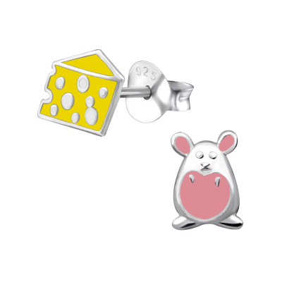 Mouse and Cheese Children's Sterling Silver Ear Studs with Epoxy