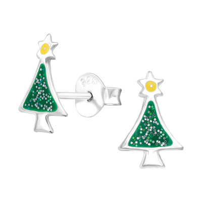 Children's Silver Christmas Tree Ear Studs with Epoxy