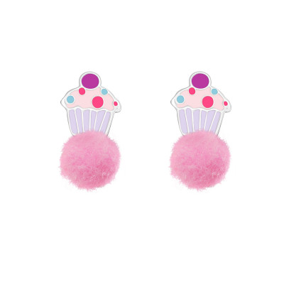 Children's Silver Cupcake Ear Studs with Epoxy and Pom Pom