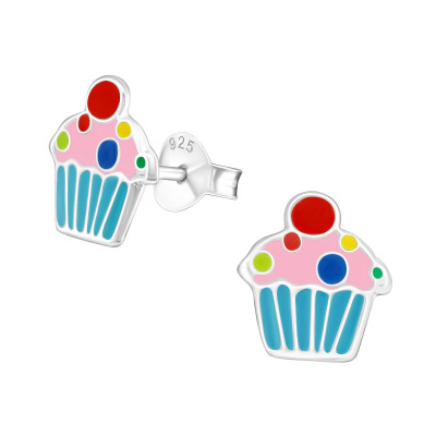 Children's Silver Cupcake Ear Studs with Epoxy