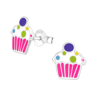 Children's Silver Cupcake Ear Studs with Epoxy