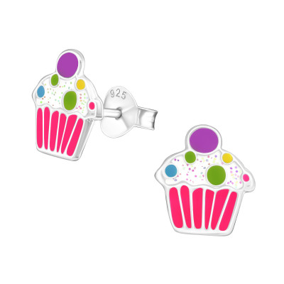 Cupcake Children's Sterling Silver Ear Studs with Epoxy