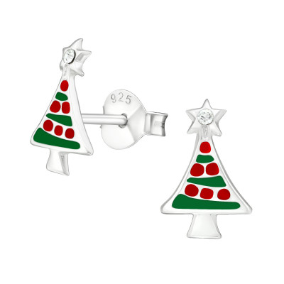 Children's Silver Christmas Tree Ear Studs with Crystal and Epoxy